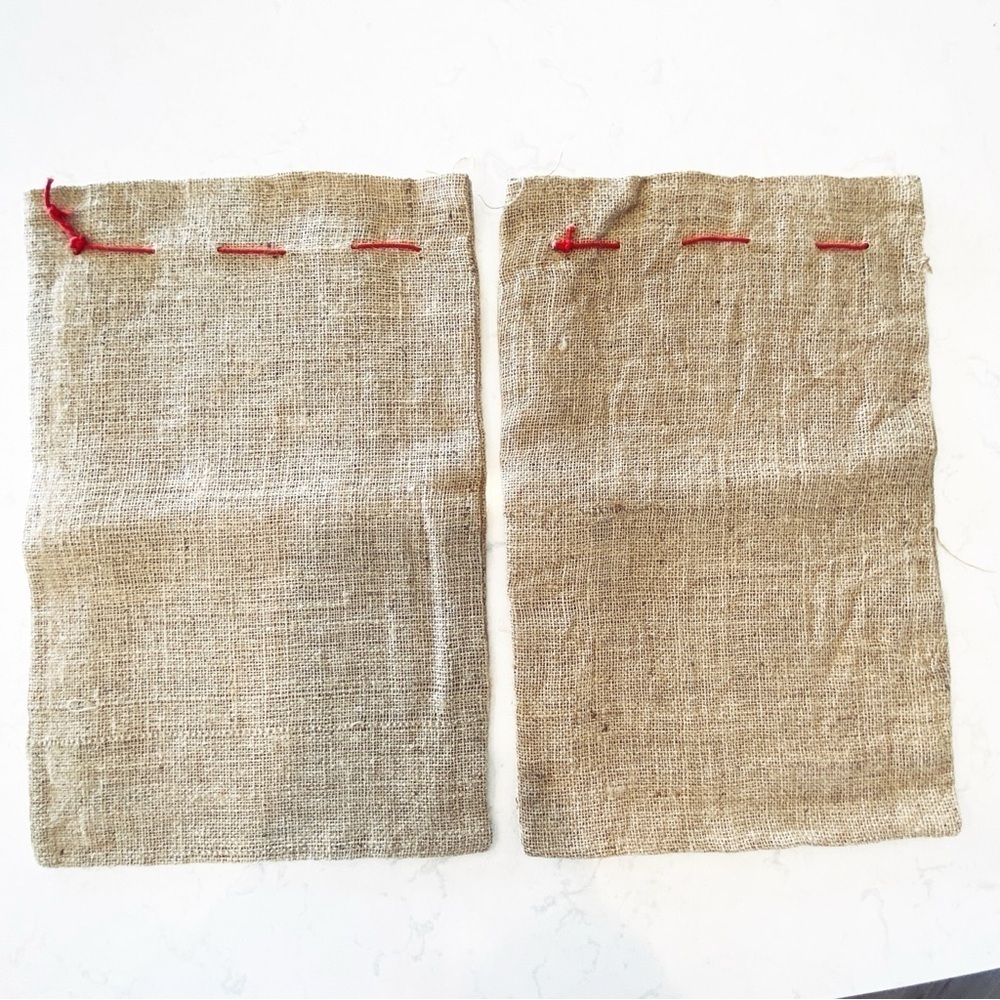 2 Vintage MCM Santa Scandinavian Christmas Hand Made Burlap Folk Art Gift Bags - Picture 5 of 9